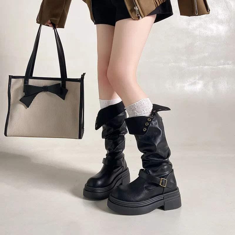 2025 New Women's Thick-Soled Black Knight Boots - Leg-Slimming, Height-Boosting for Autumn and Winter