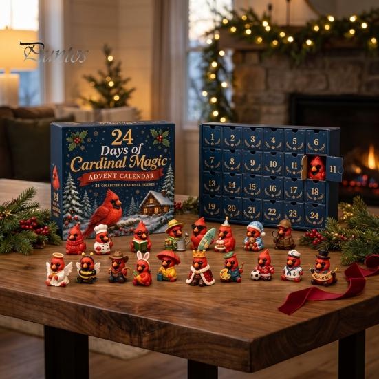 Christmas Desk Decor Red Bird Advent Calendar, 24 Unique Miniature Holiday Ornament Set Figurines, Tree Hanging Ornaments for Gifts Parent Child