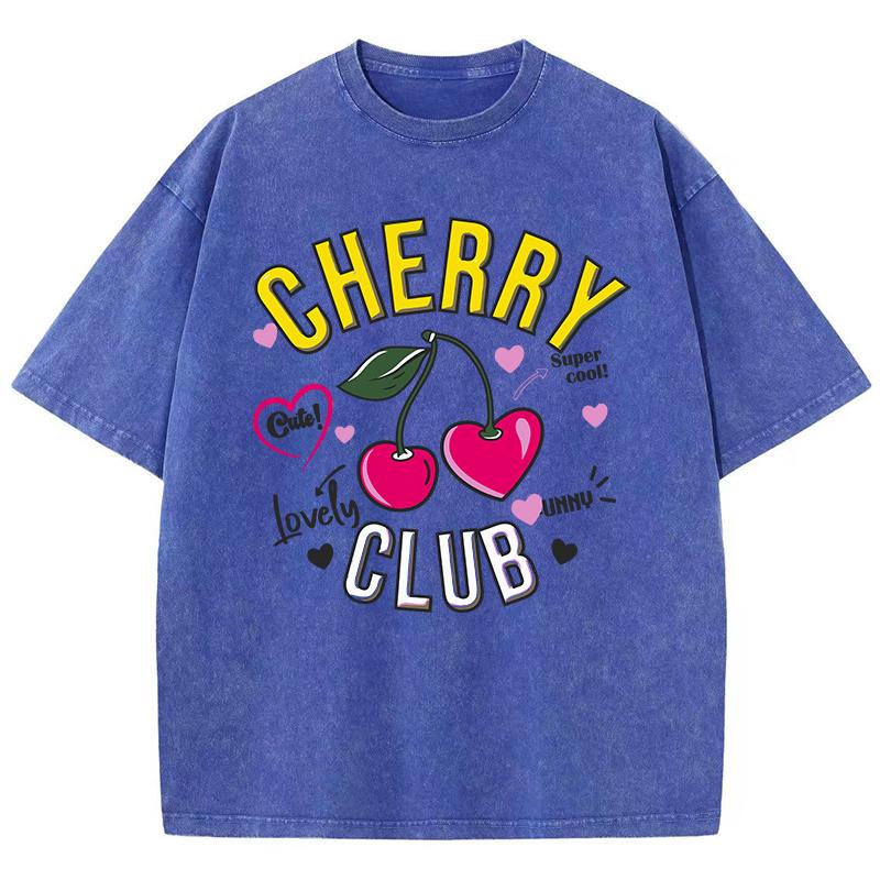 Street Damen Washed T-Shirts Cherry Club Niedliche Cartoons Print Tees Bequeme Distressed Baumwolle Oversize Oberteile Kleidung