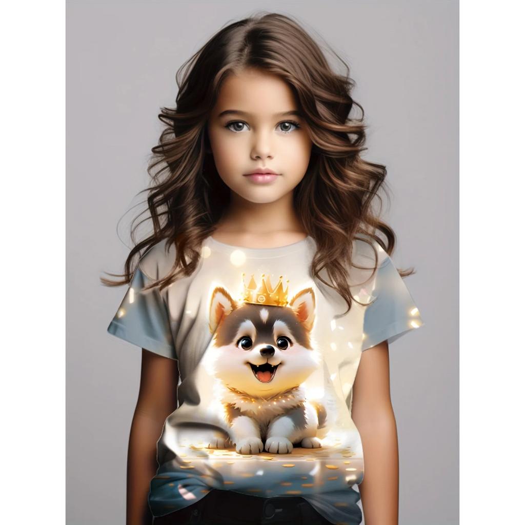 Summer Round Neck 3D Cute Cat Printed Top Fashionable Casual Short Sleeved Children's Girl T-shirts