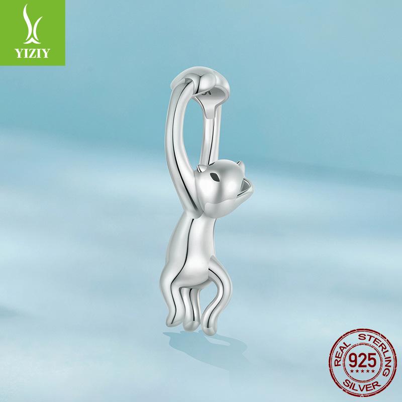 Animal Diy Bracelet Necklace Accessories Naughty Cat Beaded S925 Sterling Silver Beads