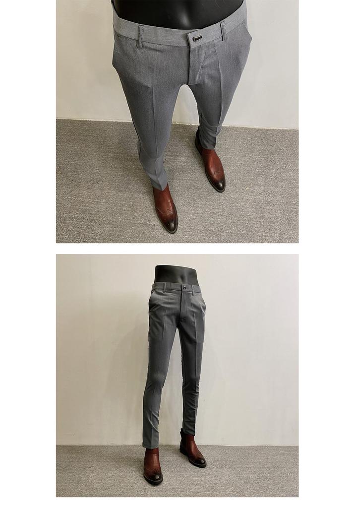Men's Slim Fit Elastic Straight Leg Korean Style Cropped Business Casual Pants
