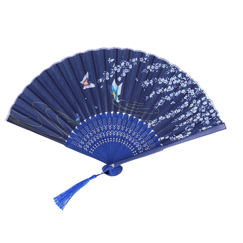 Blue Folding Fan with and Small Butterfly Pattern for Group Dance and Decoration