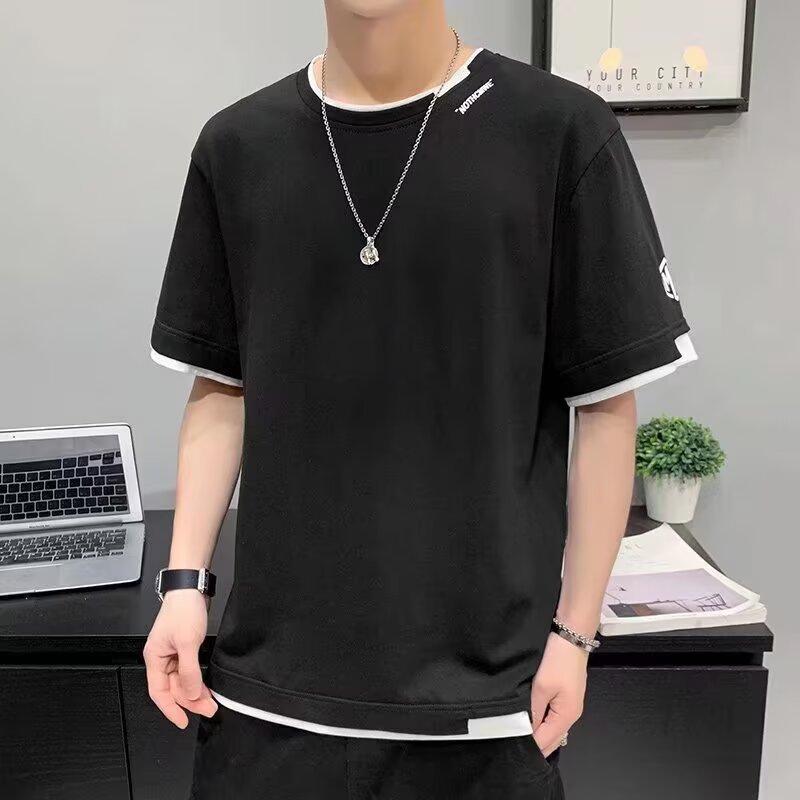 Fake Two-Piece Short-Sleeved T-Shirt Men'S Summer New Youth Leisure Sports Round Neck Short-Sleeved Thin Bottoming Shirt Trendy Brand