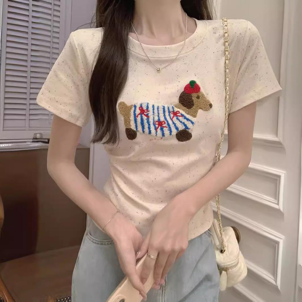 Three-dimensional Flocking Embroidered Dog Short-sleeved T-shirt for Women In Summer High-end Rainbow Polka Dots Shoulder T-shirt Short Top