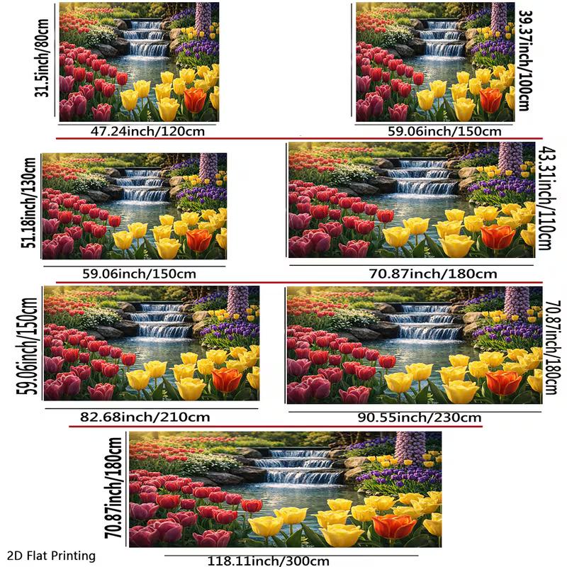 2D Flat Printed Tulip Backdrop, Vibrant Multicolor Tulip Garden with Waterfall Photo Background