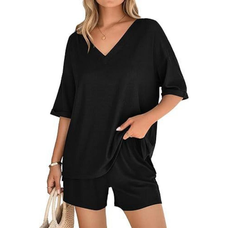 Women S V Neck Short Sleeve Top And Shorts Casual Set