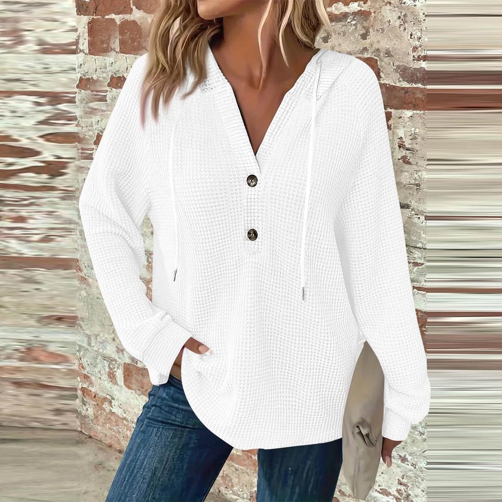 Damenmode, Langarm, Kordelzug, Kapuzenknopf, V-Ausschnitt, lässiges Kapuzen-Sweatshirt