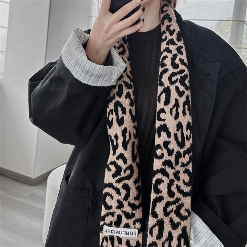 Vintage Leopards Print Tassels Scarf Soft Acrylic Neckerchief Warm Fashion Scarves for Women Warm Accessory