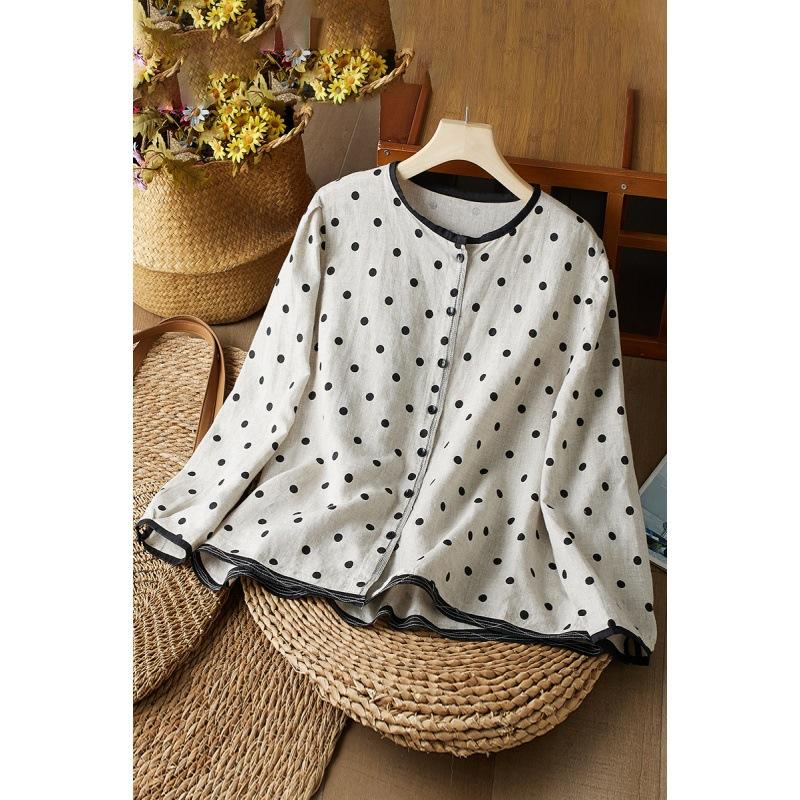 Open Top with Casual Loose Oversized Long Sleeved Shirt Women's Artistic Retro Polka Dot Top