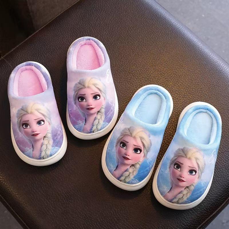 Frozen Girls' Cotton Slippers - Warm, Non-slip Autumn/Winter Princess Elsa Fur Slippers for Kids