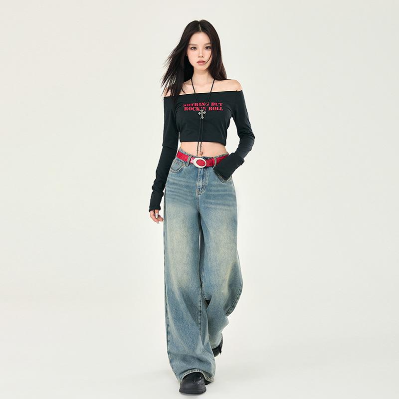 Women s 2024 Autumn Retro High-Waisted Wide-Leg Jeans - Slimming, Loose, Floor-Length. XS