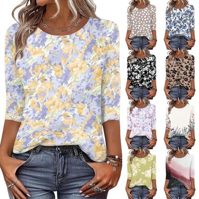 אופנה נשים מזדמנים צוואר עגול 3/4 שרוול רופף מודפס חולצה גבירותיי נשים