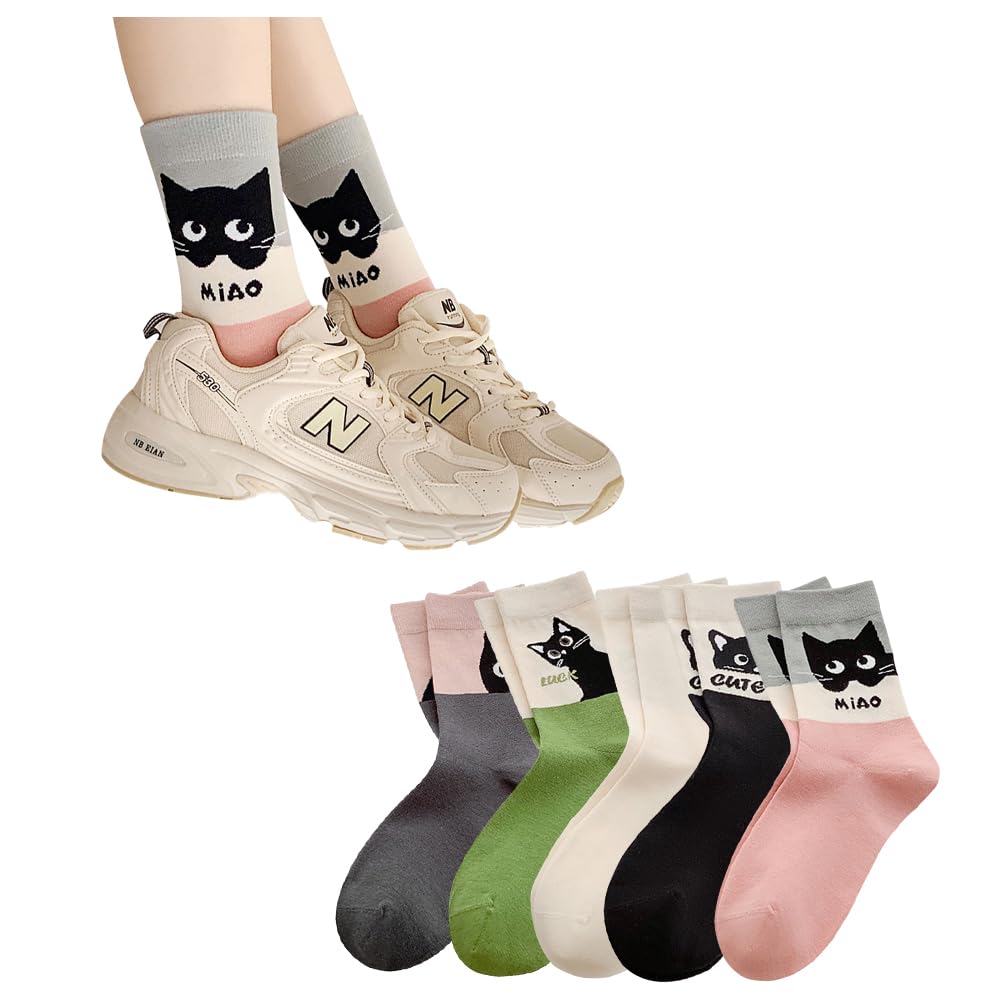 FASELE Crew Cute and Floral Soft Perfect for and All Set Women's Socks, Stylish, Cat, Animal, Print, Breathable, Cotton, Mid-Tube Socks, Spring,
