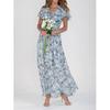 V Neck Floral Chiffon Beach Dress Ruffle Waist Long Skirt Short Sleeves Fashionable
