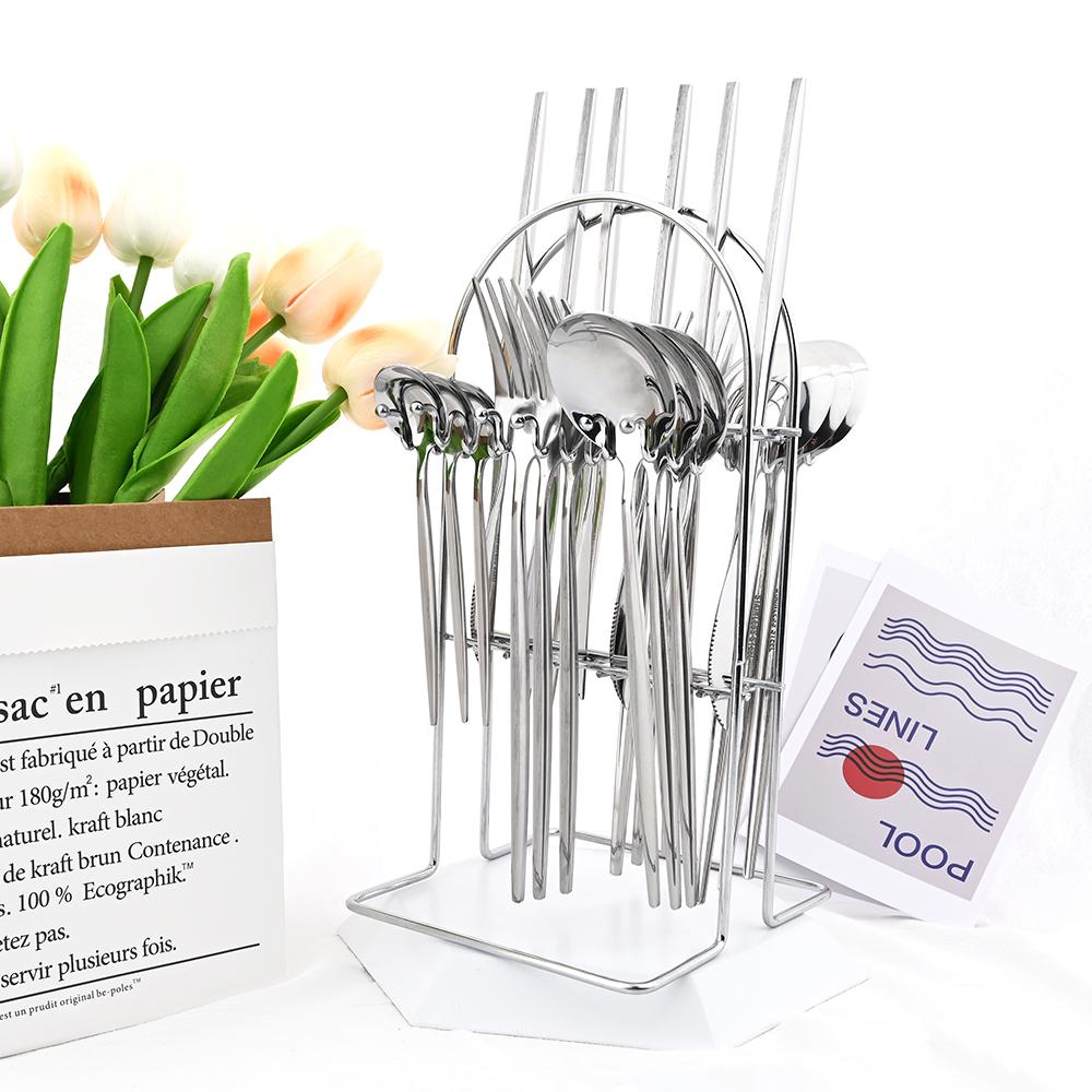 Jankng Gold 24Pcs Western Dinnerware Stainless Steel Daily Cutlery Set Knife Fork Coffee Spoon Tableware Set With Storage Rack