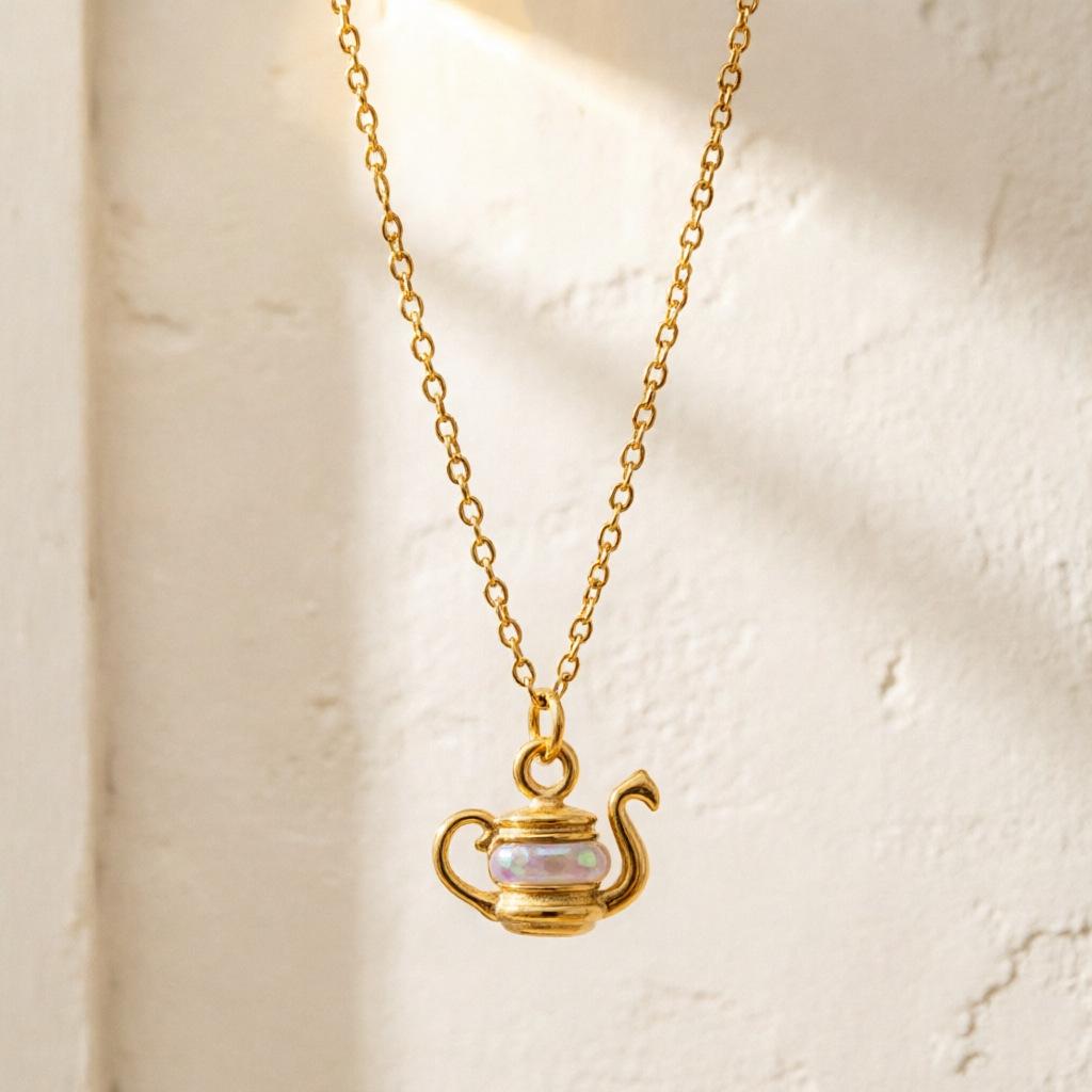 18K Gold-Plated Stainless Steel Opal Aladdin's Lamp Pendant Necklace for Women