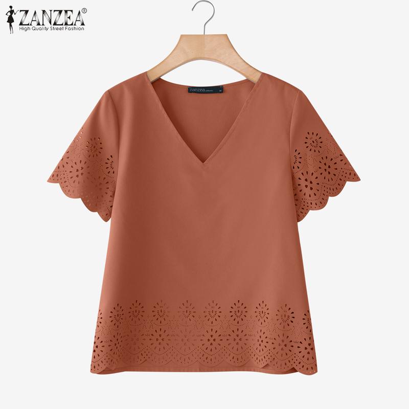 ZANZEA Women Casual V-Neck Summer Loose Short Sleeve Blouse