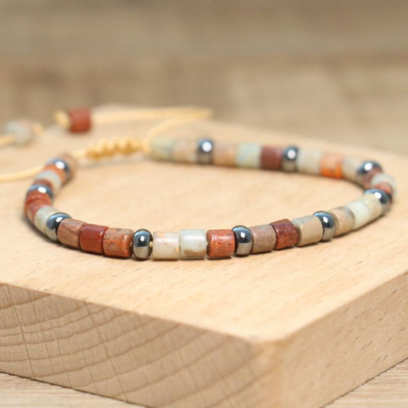 Armband aus Naturstein-Röhrenperlen – Hämatit-Akzent, verstellbar, Boho-Schmuck, erdendes Geschenk für Männer & Frauen