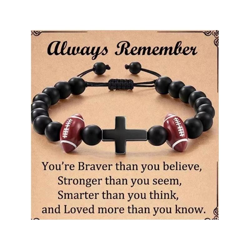 Sports Themed Wooden Crucifix Bracelet For Men Natural Wood Beads Black Woven Cord Inspirational Jewelry Gift