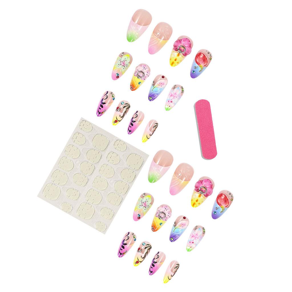 24Pcs Summer Long Almond Press On Nails Hawaiian Dopamine Flower Design Colorful French Y2k Fake Nails