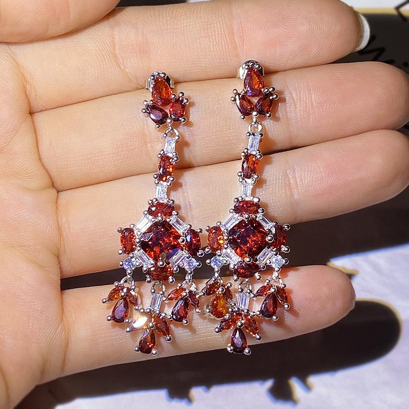 silver retro red crystal tassel earrings light luxury palace style diamond-studded earrings high-end exaggerated women