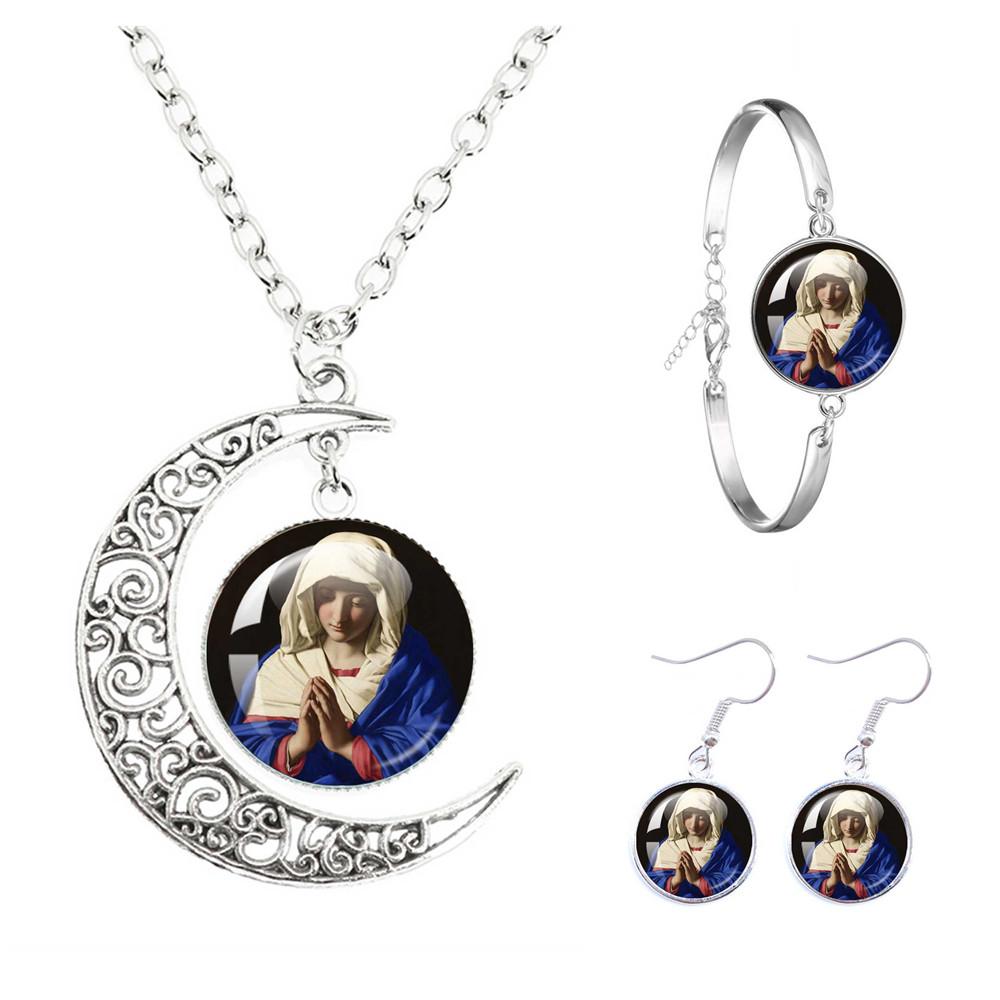 Virgin Mary And Baby Jesus Catholicism The Moon Necklace Earrings Bracelet Set Religious Glass Cabochon Pendant Gift Jewelry