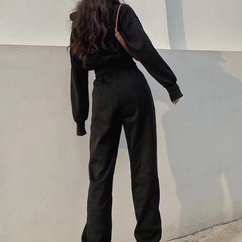 Streetwear z kapturem i krótką kieszenią, polarowy sweter sportowy, wysokiej talii, luźne legginsy, sweter, dwuczęściowy, damski