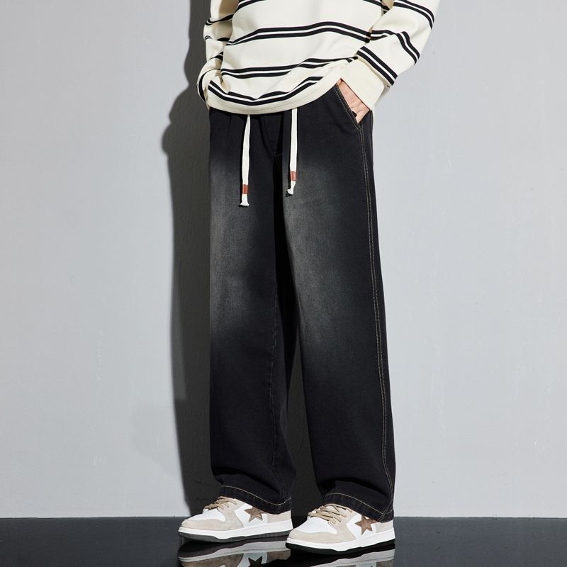 

Medm Beprp Retro Washed Distressed Jeans Boys Loose Casual Long Pants Hong Kong Style Plus size Wide Leg Pants 2331 Black L(Recommend 57.5-65kg)