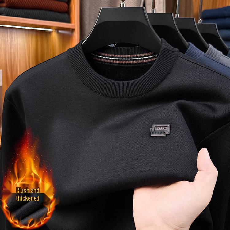 

Men s Solid Fleece-Lined Knit Sweatshirt with Warm Round Neck and 3D Logo – Fashionable Winter Base Layer Sweater Large чорний