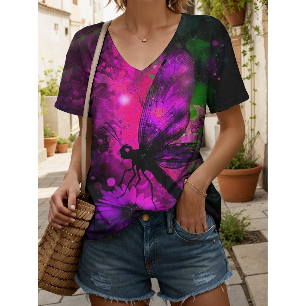 Women's T Shirt Graphic Animal Dragonfly Vintage Stylish Classic Short Sleeve V Neck Regular Tops Daily Going out Weekend Print