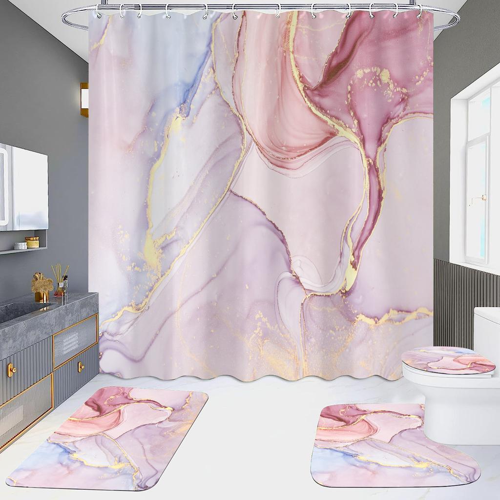 4Pcs Marble Series Shower Curtain Sets for Bathroom Non-Slip Bathroom Rugs Lid Toilet Cover Bath Mat