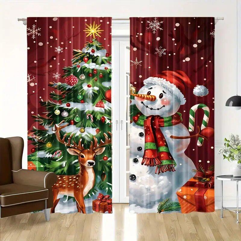 2pcs- Christmas Snowman theme Christmas printed curtains   pole bag curtains   home decoration   room decoration   window decoration