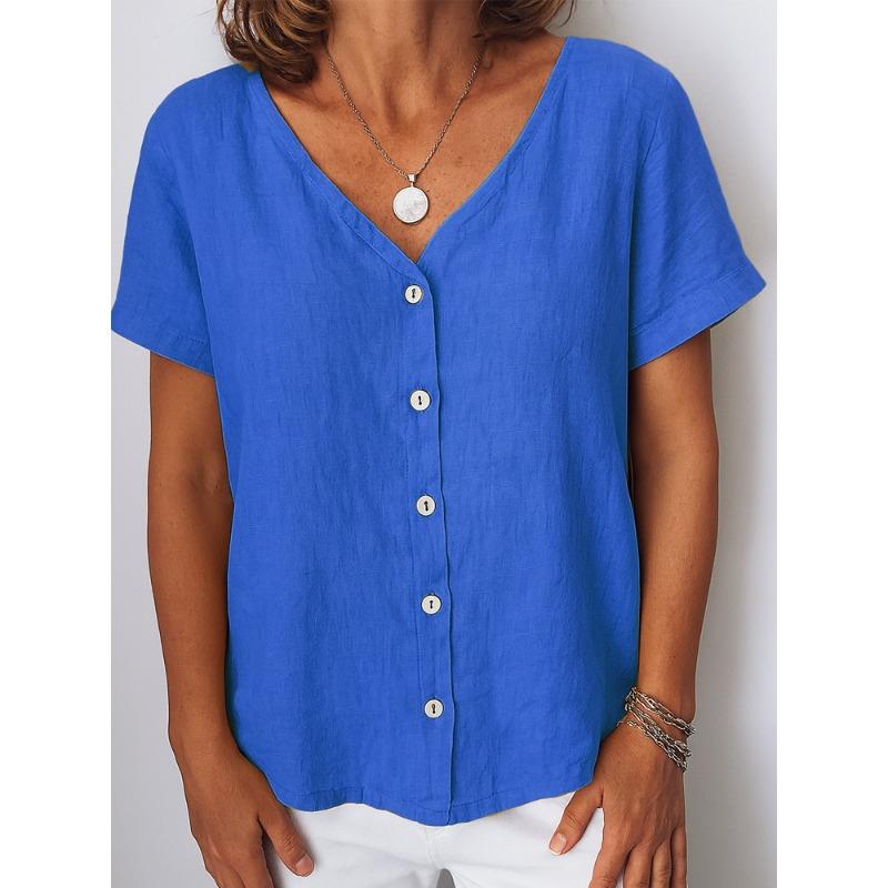 Blusas y Camisas Casuales de Moda para Mujer JPNTKY Estampado de Color Sólido Manga Corta Cuello en V