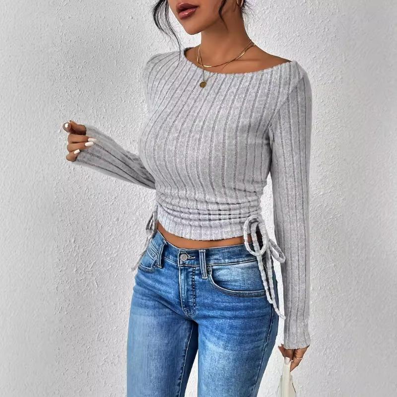 

Женские свитера осень/зима узкие на шнуровке узкие трикотажные топы L серый