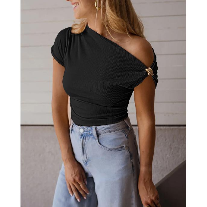 

2026 New Women s Slim Fit Ribbed Solid Color Short Sleeve T-Shirt with Metal Decoration S чёрный