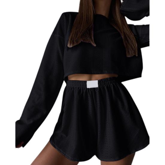 2 st/set Dam Top Shorts Outfit Hollow Out Elastisk midja Lös Långärmad O-hals Tunn Enfärgad Andas Mjuk Homewear T-shirt Shorts Set