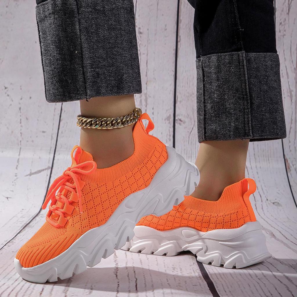 Mesh Orange Casual Shoes Breathable Thick Sole Shoes Women 2026 Woman Comfortable Autumn Lace-up Fashion Slip On Sports Shoes