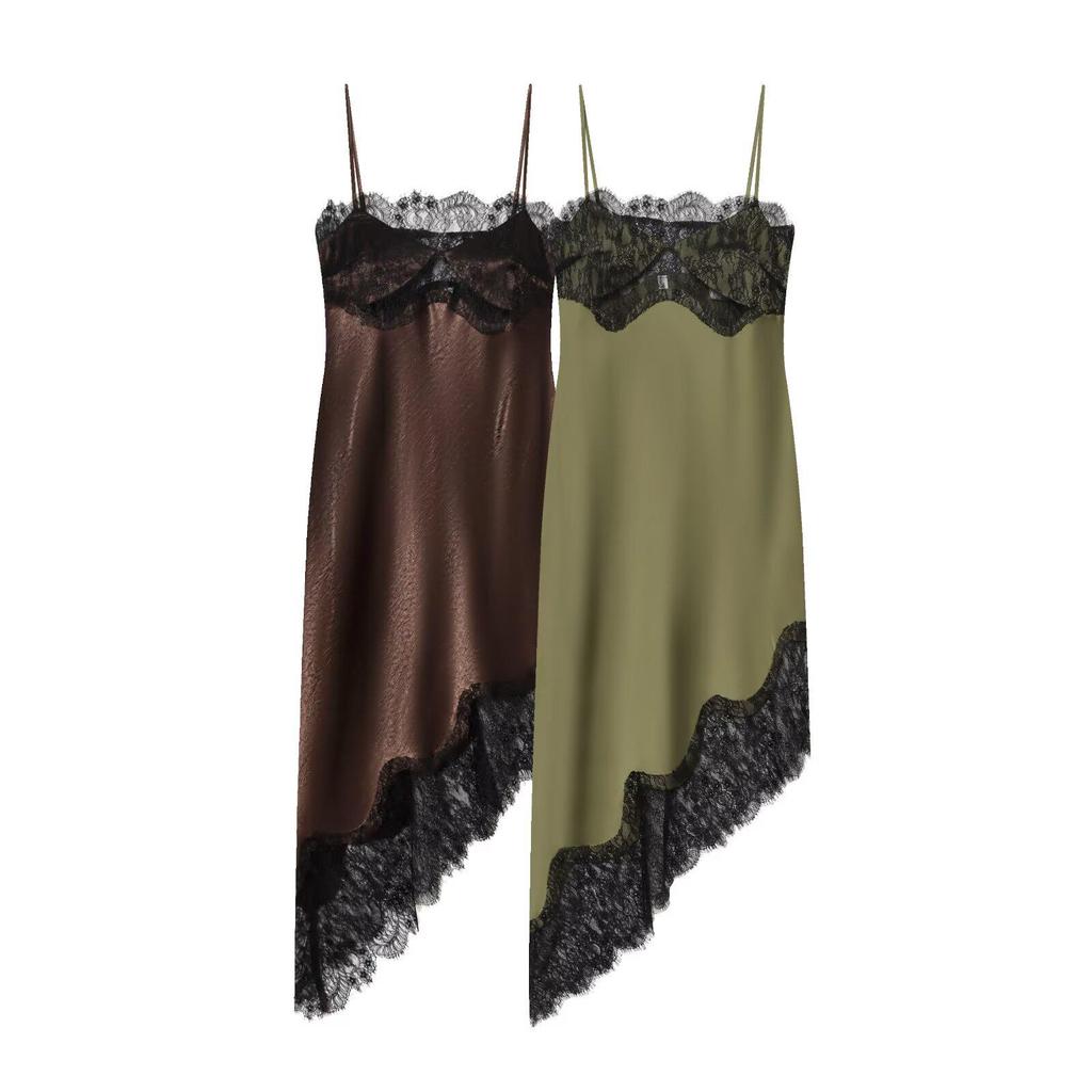 Asymmetrical Lace Dress with Silk Satin Texture: European & American Women's Fashion
