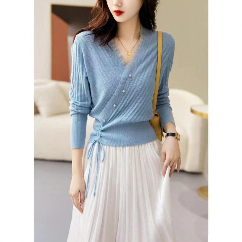 

Women s sweater new spring and autumn drawstring, diagonal placket with fungus edge, long-sleeved knitted sweater for women One Size синий