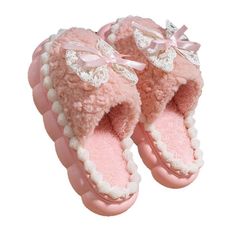 Women's Cute Bow Cotton Slippers, Thick Sole, Anti-Slip, Warm Winter Indoor Shoes, Perfect for Couples and Postpartum Comfort