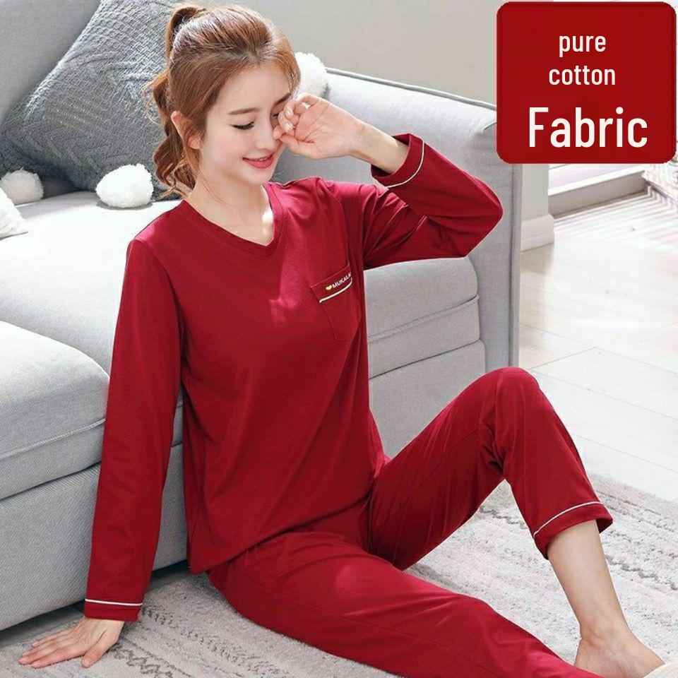 Dámské pyžamo z čisté bavlny - Jarní/podzimní jednobarevné, kulatý výstřih, dlouhý rukáv, volné, ležérní, pohodlný domácí oděv.