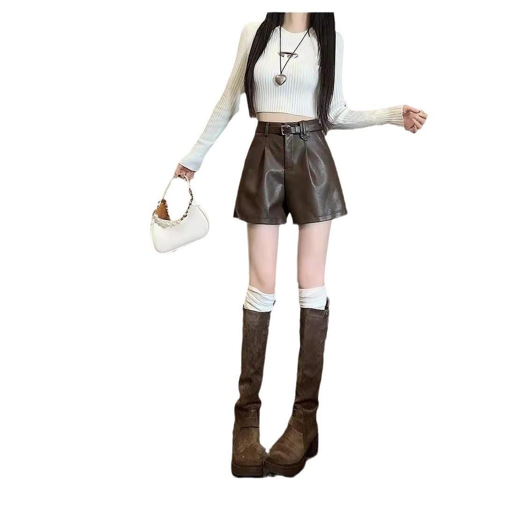 Women's Black PU Leather High-Waisted A-Line Shorts - Wide-Leg, Casual, Slimming, Autumn/Winter 2025