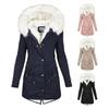 Women Windproof Winter Coat Zip Up Fleece Lined Plus Size Jacket Mid Length Slim Fit Faux Fur Hood Cotton Outerwear Press Button Closure