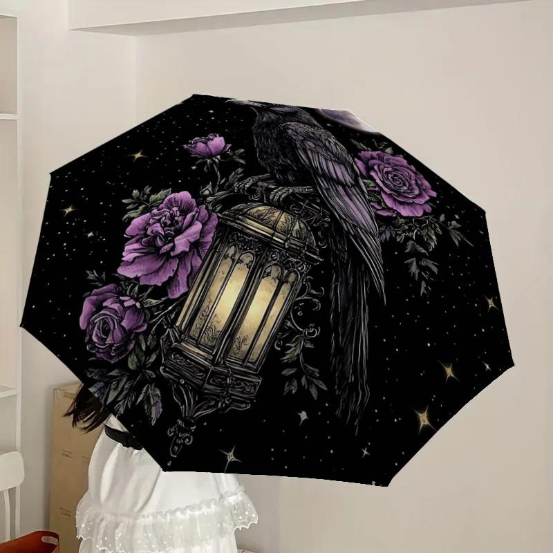 1pc Moonlit Raven with Purple Roses Umbrella with Plastic Handle,Suitable for All Seasons Home Travel Outdoor UmbrellaDD1530
