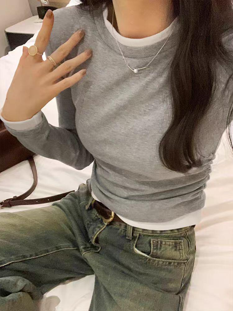 Women's Faux Two-Piece Brushed Long-Sleeve Top - Fashionable Fleece-Lined T-Shirt for Autumn/Winter