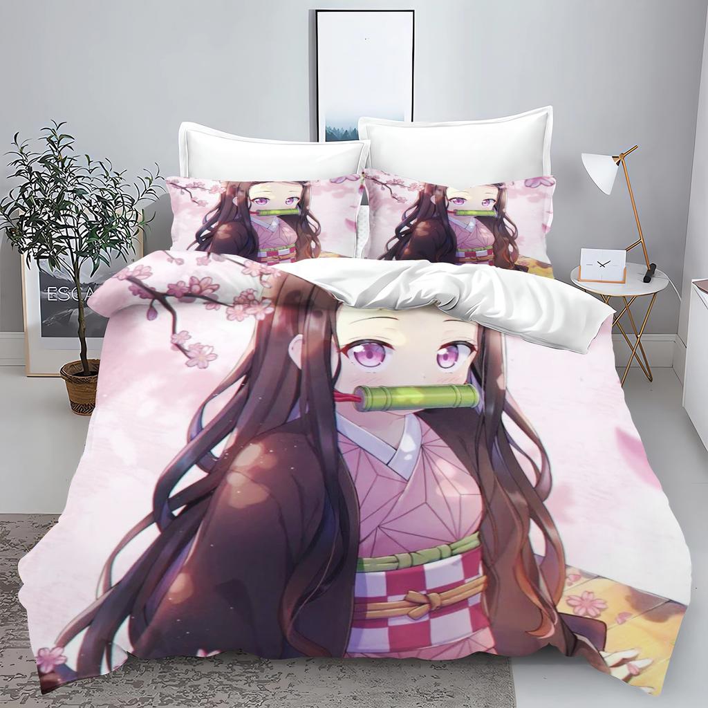 Demon slakter: Kimetsu no Yaiba kamado Nezuko Anime 100% Polyester Sengetøy Sett Dynetrekk Sett Trykt Tegneserie Hjemmeinnredning