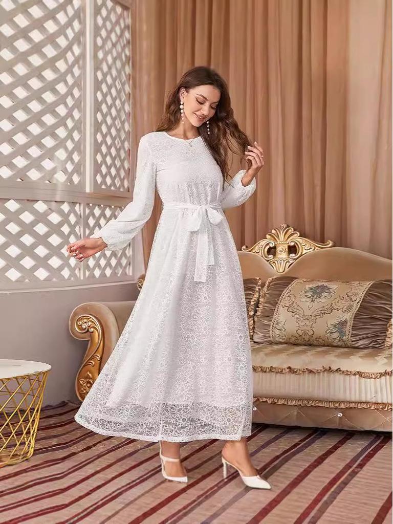 European and American Autumn/Winter Women's Round Neck Lace Tie Long Sleeve Slimming Evening Dress