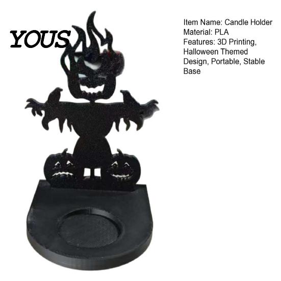 Halloween Candle Holder 3D Printed Ghost Scarecrow Holder, Decor with Pumpkin & Crow Design, Matte Accessory Black One-Piece Craft, Round