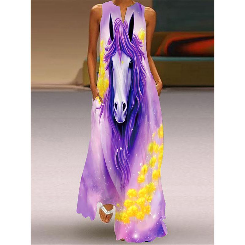 Fashion Style 3D Print Dress Animal Pattern Stage Show Stylish Clothing V Neck Sleeveless Pocket Maxi Dress